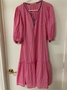 Banjanan Textured Pink Embroidered Neck Puff Sleeve Cotton MIDI Dress L Cotton